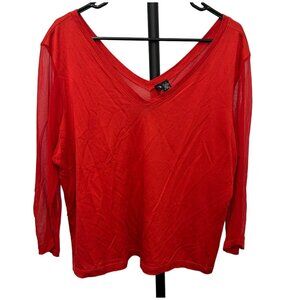 Lynne Ritchie Womens Red Silk Cotton Blend V-Neck Sheer Sleeve Top Sz XL